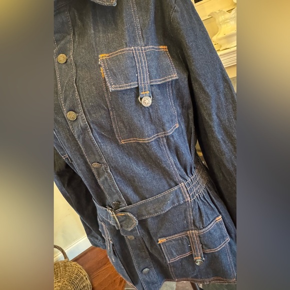 Vintage 70s RARE Longline Denim Jean Jacket Belted Orange Stitching Star Buttons - Picture 4 of 11